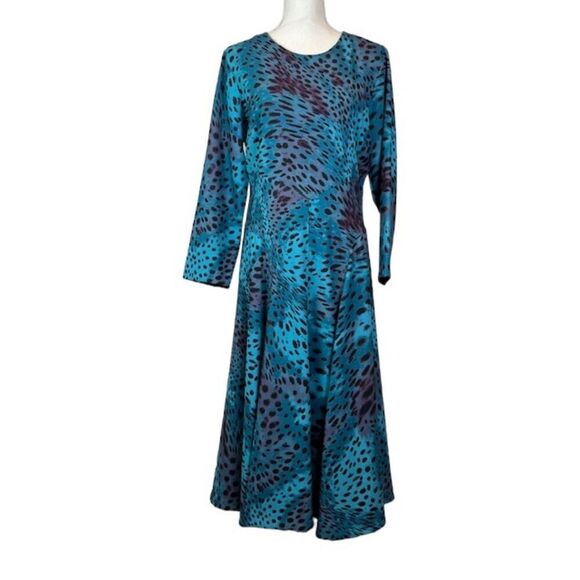 Natori Cheetah Crepe Top Stitch Dress Teal Aqua Blue 3/4 Sleeve Back Zip Size 8 - Picture 2 of 13